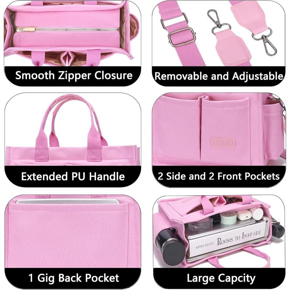 Women's Plus Pink Imported Canvas Laptop Crossbody Work Large Tote Handbags - Picture 4 of 7